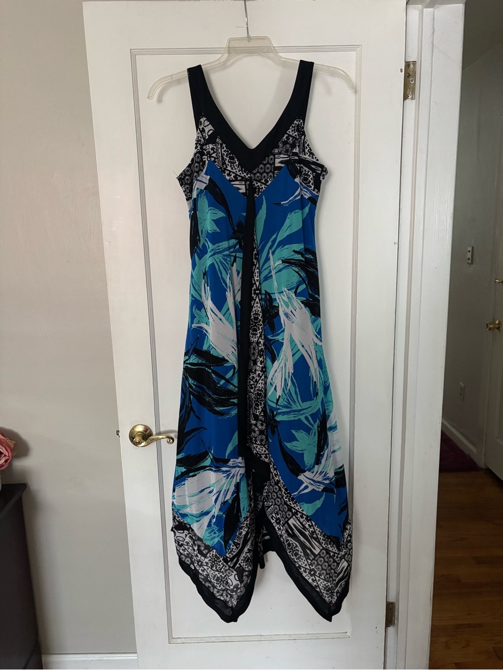 Style & Co. Blue Teal Black Printed Handkerchief-Hem Maxi Dress